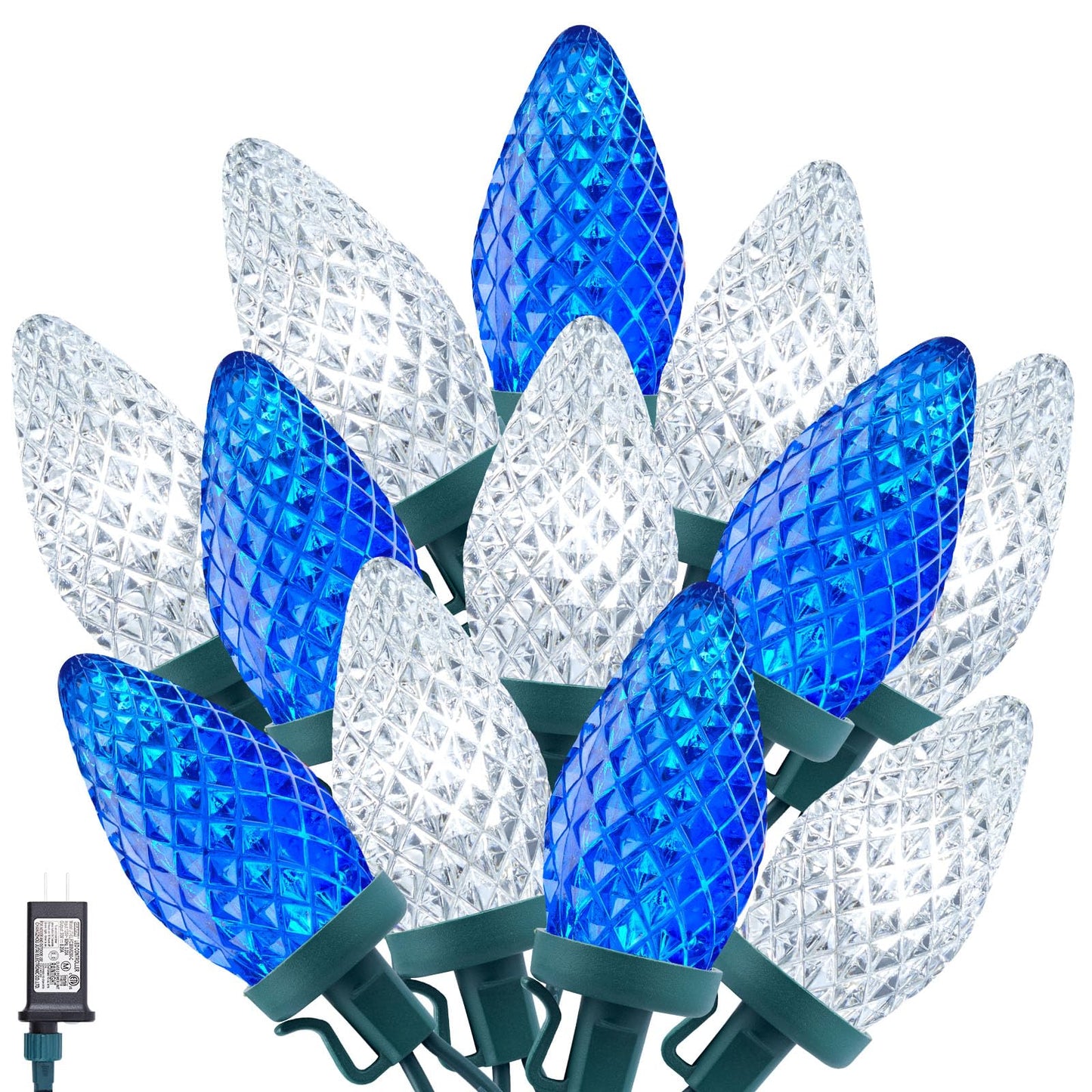 Minetom C9 LED Christmas String Lights - 82ft, 100 LEDs, Timer, 8 Modes, Plug-in, Blue and White