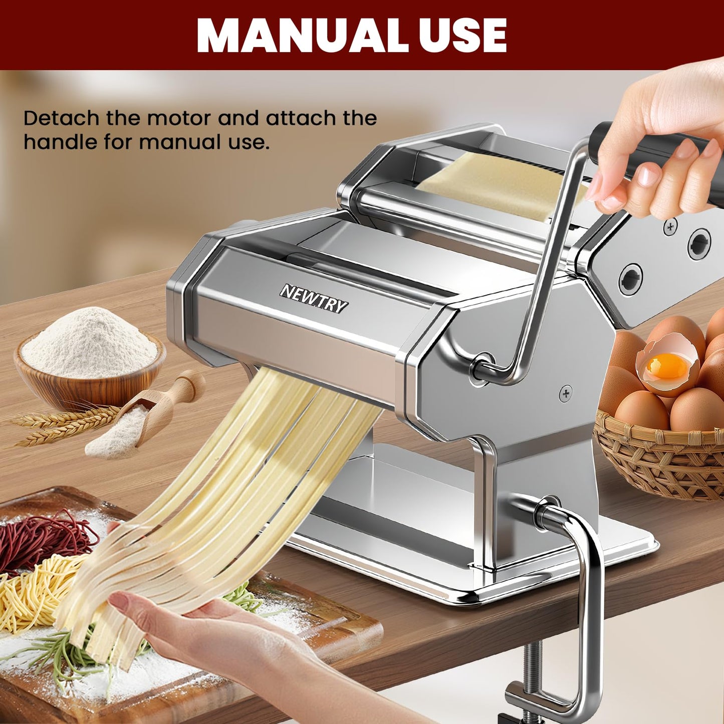 NEWTRY Electric Pasta Maker Machine Noodle Making Dough Roller Press with Detachable Motor 0.2-0.5mm Dough Sheet Thickness Adjustable 1.5mm Pasta 6mm Fettuccine Cutter 110volt for Home Use