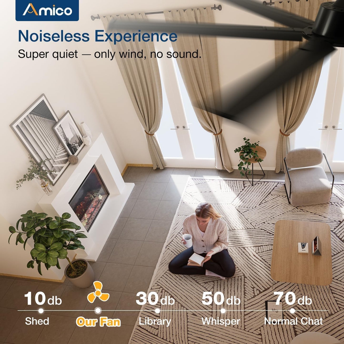 Amico 100 Inch Ceiling Fans Without Lights, Indoor/Outdoor Ceiling Fan with Remote Control, Reversible, 6 Blades, Noiseless, Industrial Black Ceiling Fan No Light for Patio, Porch, Garage, Shop