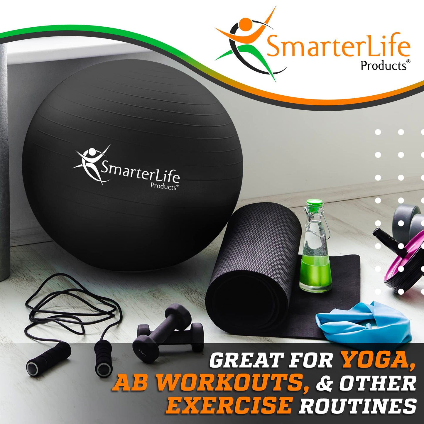SmarterLife Exercise Ball Yoga Ball for Fitness, Balance, Stability, or Pregnancy, Gym Ball for Core Workout, Physical Therapy, Yoga Ball Chair for Office, Anti-Slip Anti-Burst (45 cm, Black)