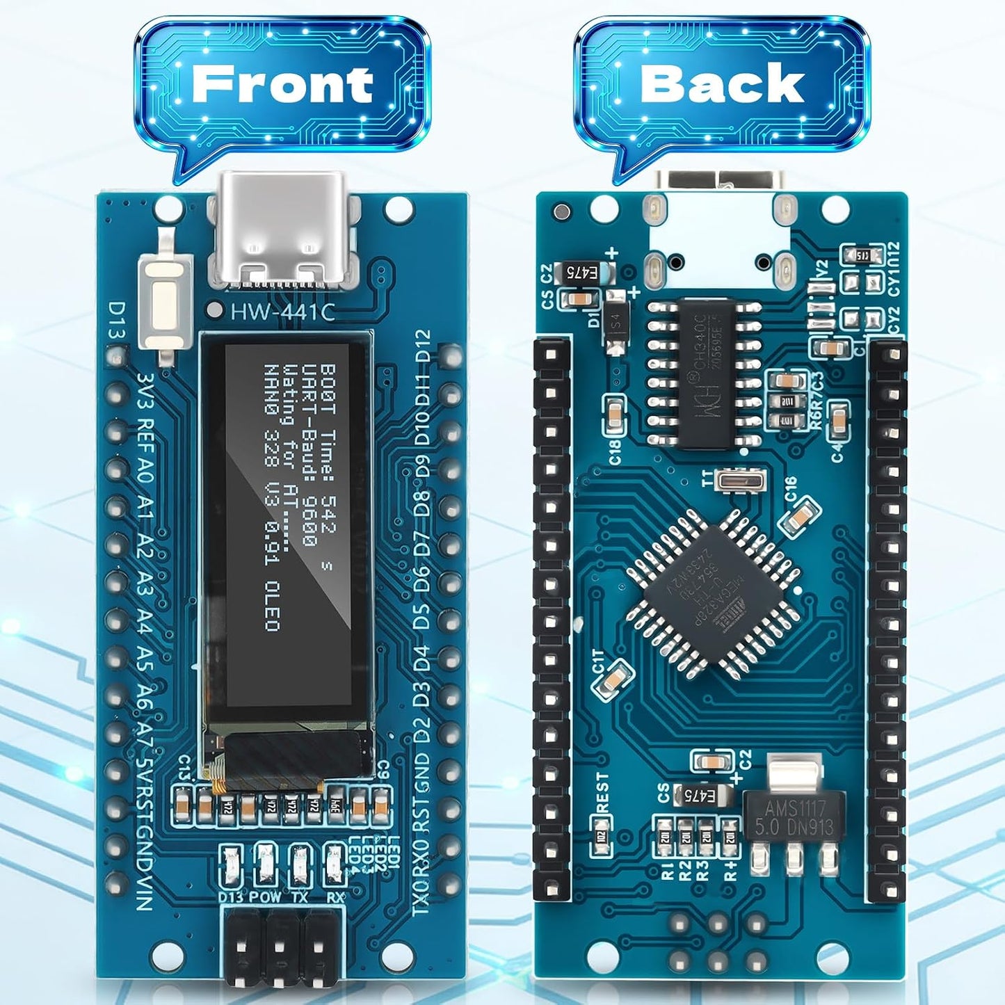 Meshnology 1Pcs V3.0 ATmega328P 0.91 inch 128 32 CH340C Nano Board with * Pixel OLED Display Chip Microcontroller