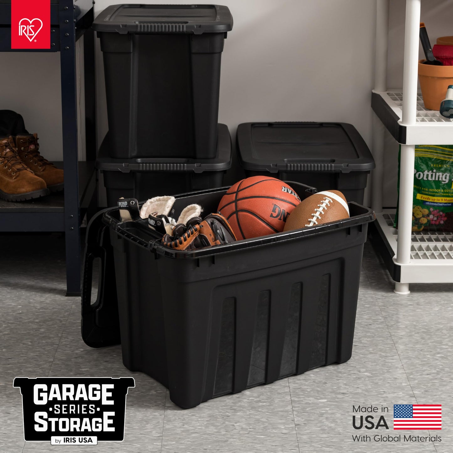 IRIS USA 31 Gallon Heavy Duty Storage Totes with Easy-Grip Handles, 4 Pack - Large Bins with Lids Garage Organizing Tubs, Durable Stackable Utility Containers, Made in USA - Black