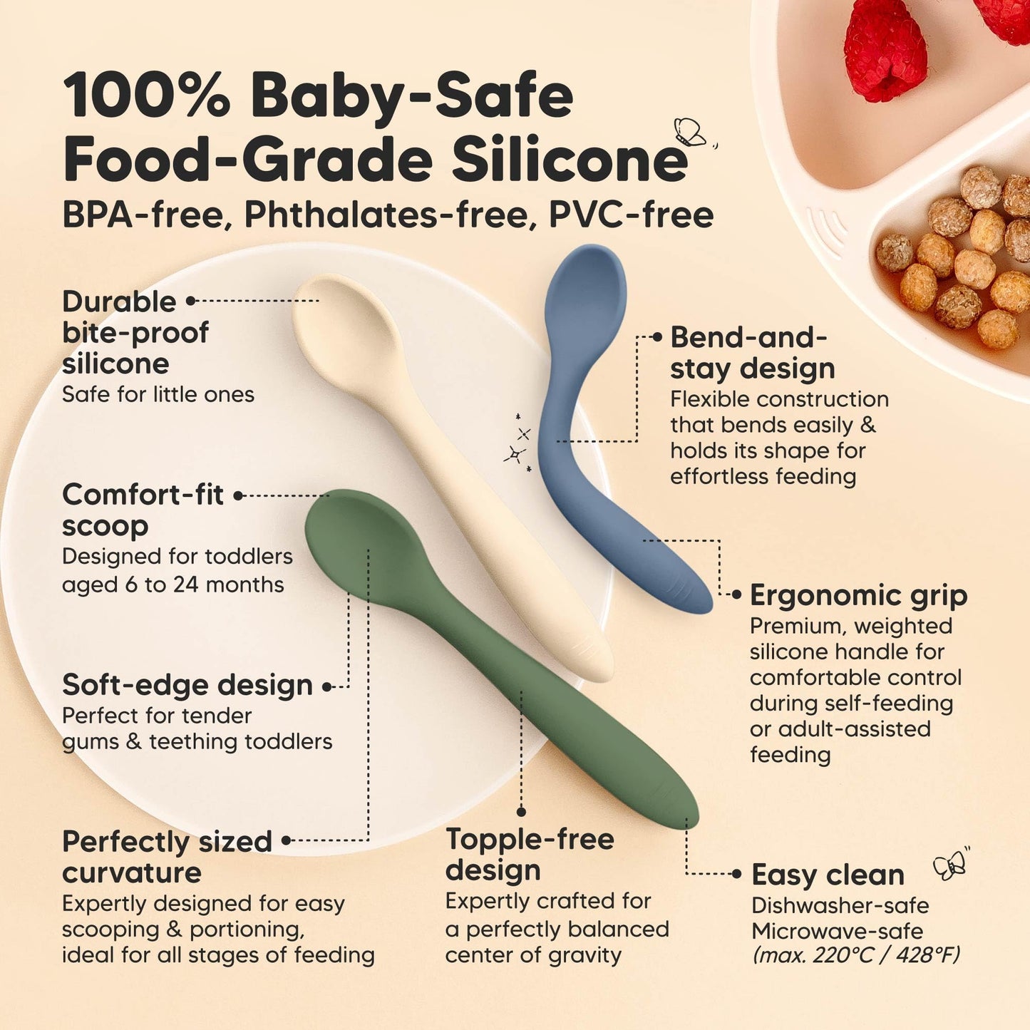 KeaBabies Silicone Baby Spoons, Self Feeding 6-12 months - 6-Pack Baby Weaning Eating Utensils, Toddler First Food Training Spoon, Infant, Kids Feeding Supplies Essential Set, Dishwasher-safe (Slate)