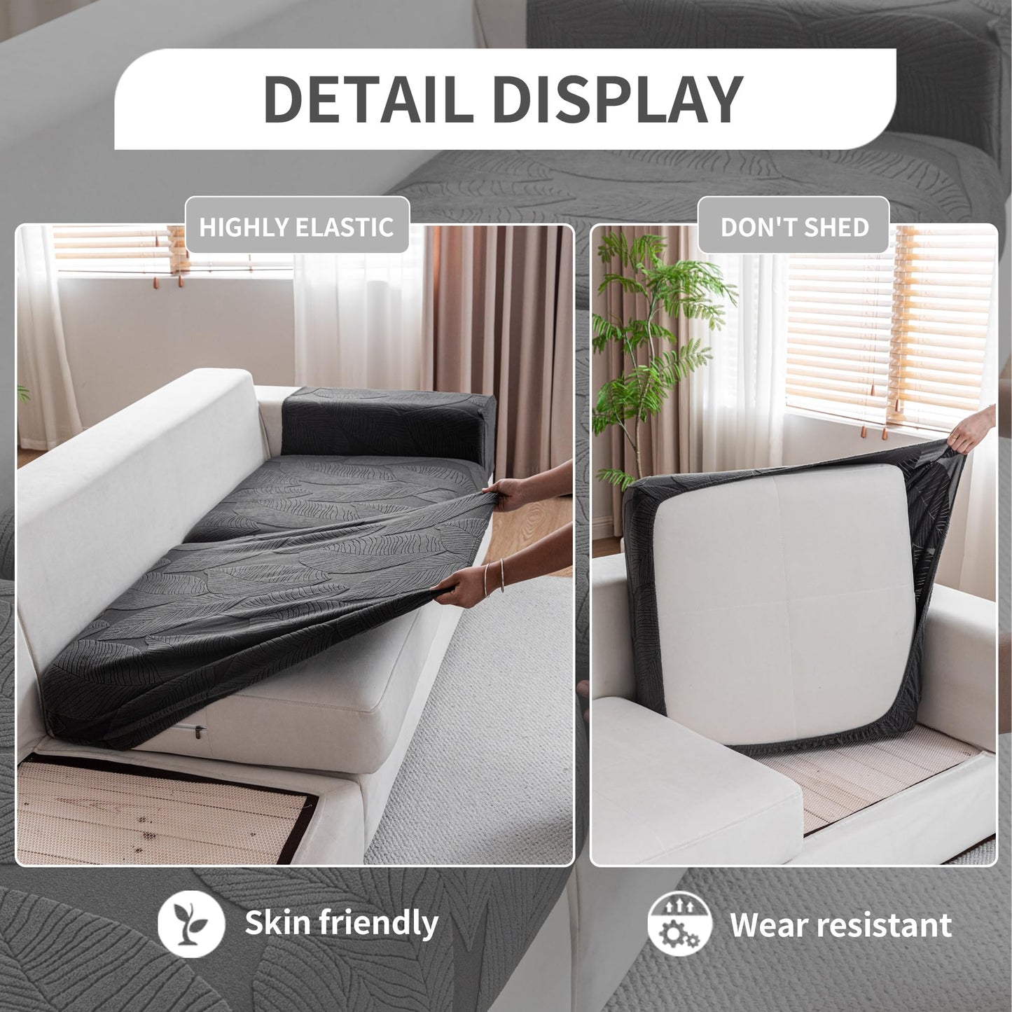 QIANMEW Couch Covers for Sectional Sofa, Washable Stretch Soft Sofa Cushion Covers L Shape Sofa Slipcovers Anti Slip Furniture Decor Protector for Pets (2 Seaters Covers,Dark Gray)