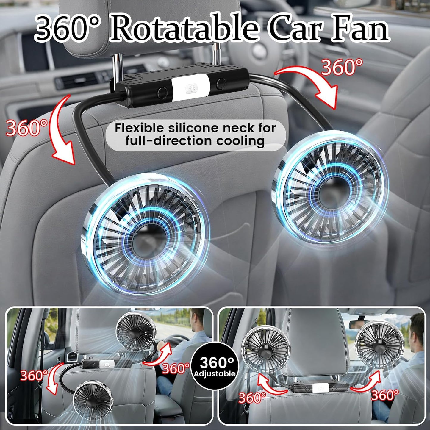 Back Seat Car Fan for Kids - Battery-Free Dual Adjustable Air Circulation