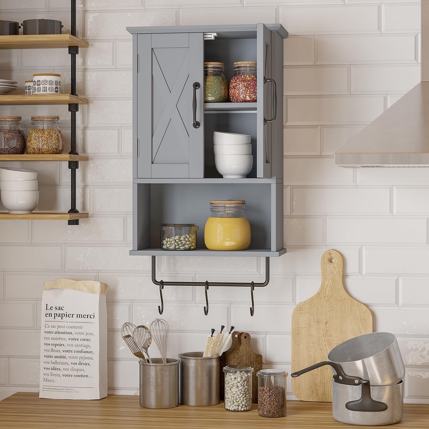 ChooChoo Farmhouse Medicine Cabinet, Bathroom Wall Cabinet with Adjustable Shelf, Towel Bar, 3 Hooks, Over The Toilet Storage Cabinet for Bathroom, Kitchen, Grey