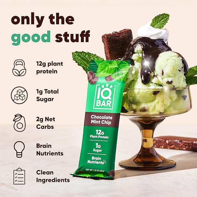 IQBAR Brain and Body Plant Protein Bars - Chocolate Mint Chip - 24-Count Low Carb - Gluten Free, High Fiber, Vegan Snacks - Low Sugar Meal Replacement
