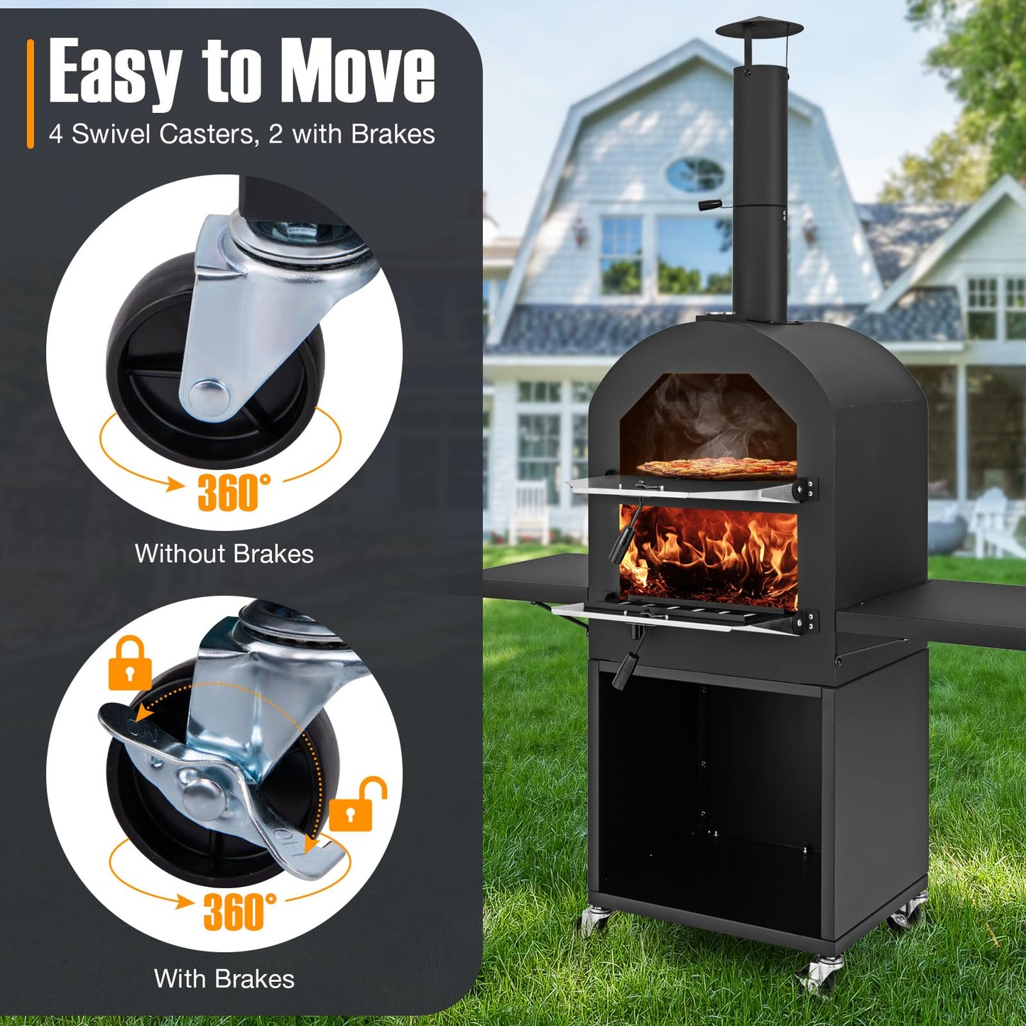 LDAILY Outdoor Pizza Oven, Wood Fired Pizza Maker with Side Shelves, Cooking Grids, Cover, Pizza Stone & Peel, Patio Portable Pizza Stove for Backyard, Camping & Party, Black