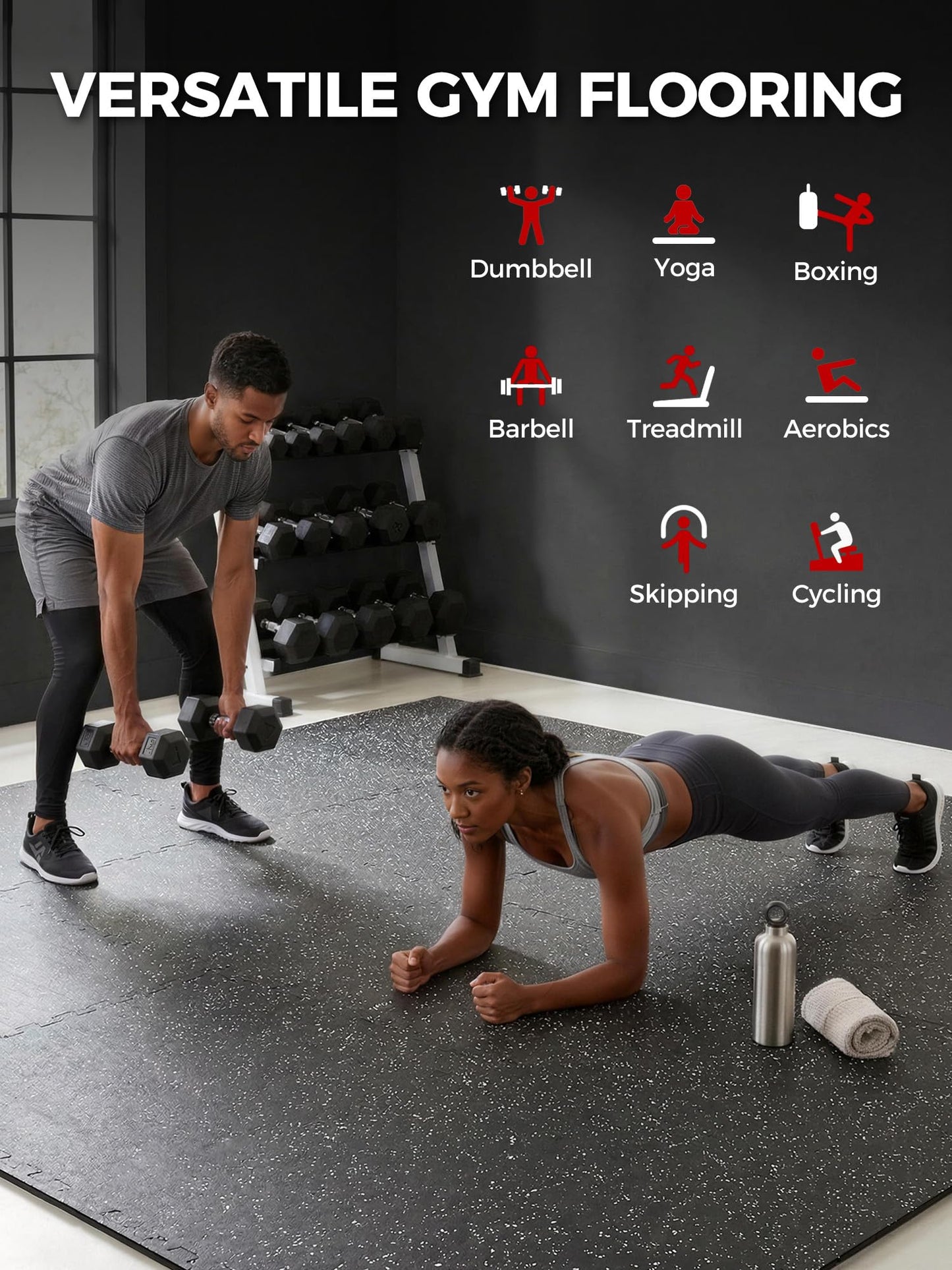 HIAARO 0.56in Thick 48 Sq Ft Exercise Equipment Mats, 12 Tiles Rubber Top EVA Foam Workout Mats, Interlocking Gym Flooring for Home Gym, 24 x 24in, Black & White