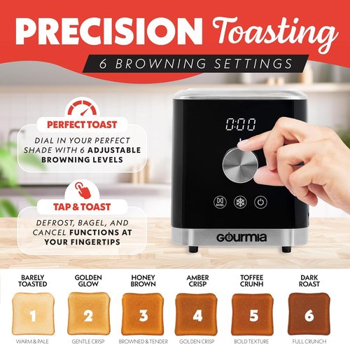 Gourmia 2 Slice Toaster - 6 Browning Levels, Bagel & Defrost Modes, Compact Design, Black