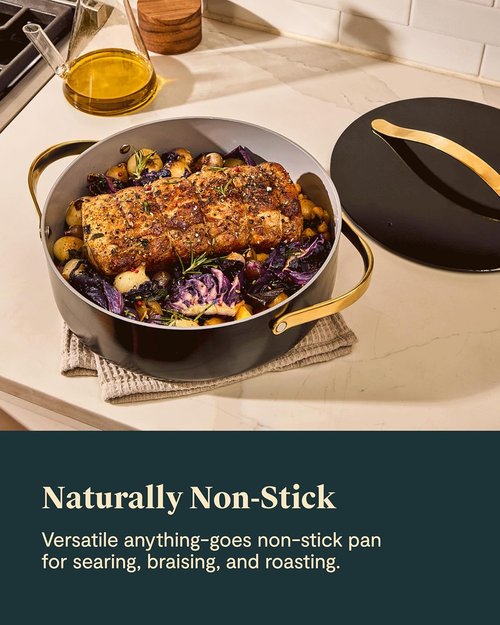 Caraway Rondeau - 6 Qt Non-Stick Pan with Lid - Chemical-Free for Searing & Roasting - Cream Color