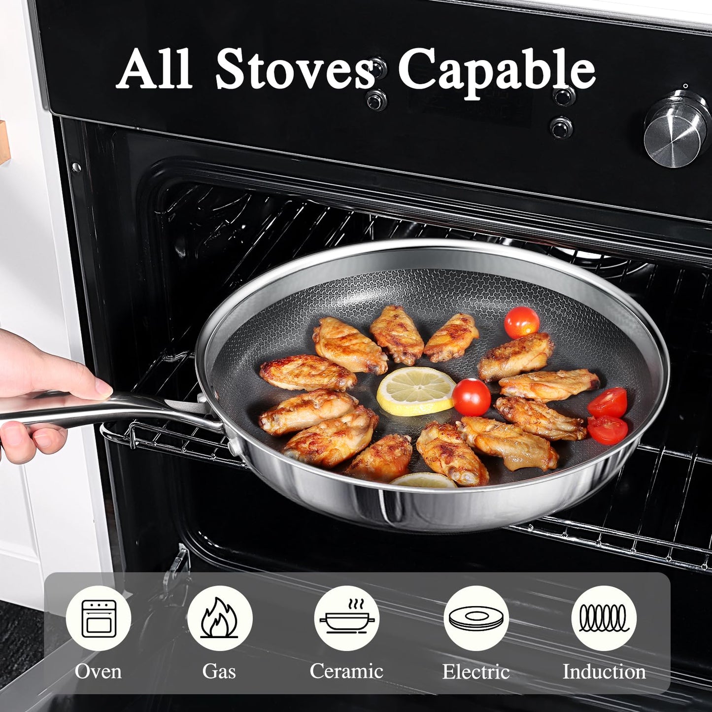 GiPP Tri-Ply Stainless Steel Frying Pan, 12 inch Hybrid Frying Pans Nonstick Skillets, Dishwasher and Oven-Safe, Induction Ready, Compatible with All Cook tops, PFOS/PFOA Free