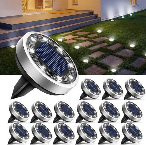 Btfarm 16 Pack Solar Ground Lights - IP65 Waterproof LED Disc Lights for Garden Pathway | Cool White