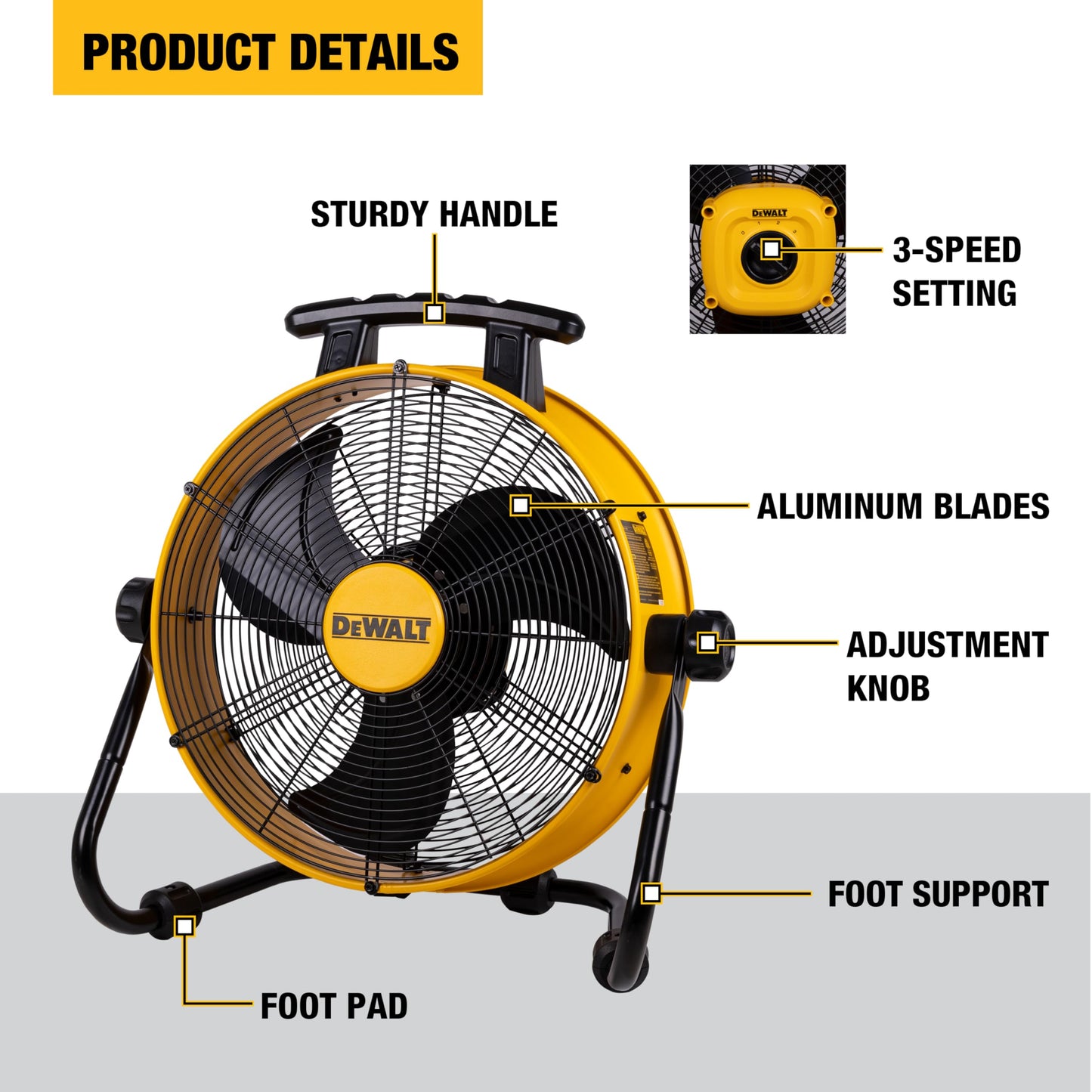 DEWALT DXF1840 Floor Fan, Industrial Fans, 18 Inch High Velocity Fan with 3-Speed Heavy Duty Air Circulator and 180 Adjustable Tilt, Large Electric Metal Rotating Garage Fan, Drum fan for Work, Yellow
