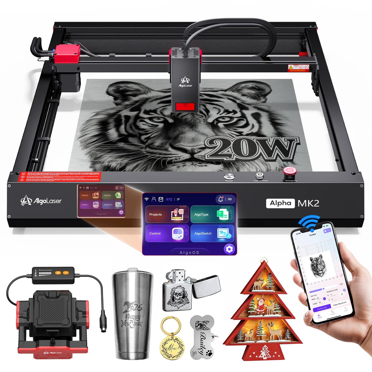 Algolaser 20W Laser Engraver Machine - Laser Cutter/Engraver with Air Assist Kit - Laser Engraving Machine with 3.5" Smart Touchscreen & AlgoOS System, Laser Engraver for Wood,Metal,Glass