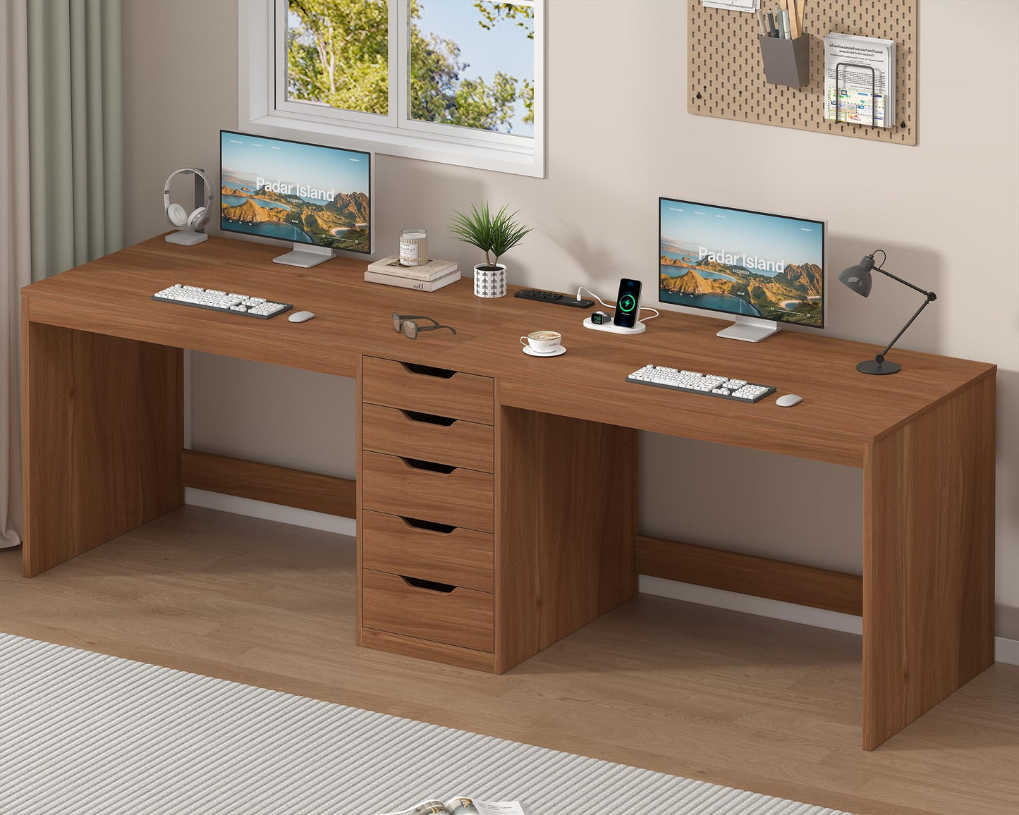 YOMILUVE 2 Person Desk with 5 Drawers and Power Outlets, 78.7 Inch Long Computer Desk with Storage File Cabinet, Two Person Home Office Double Desk with Storage, Brown