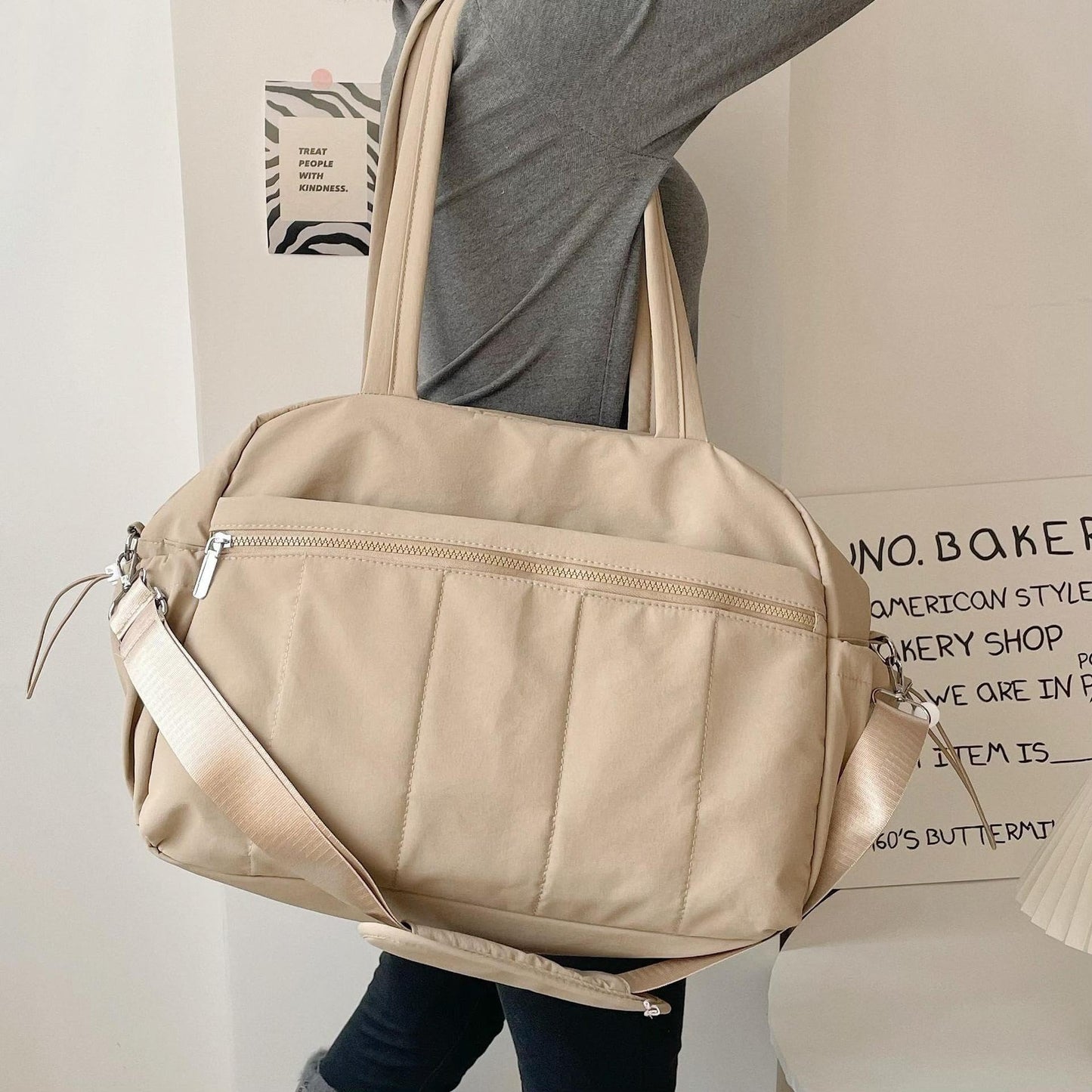 Travel Duffle Gym Bag for Women, Lightweight Puffer Carry on Weekender Bags with Wet Pocket Tote Yoga Workout Bag (Camel)