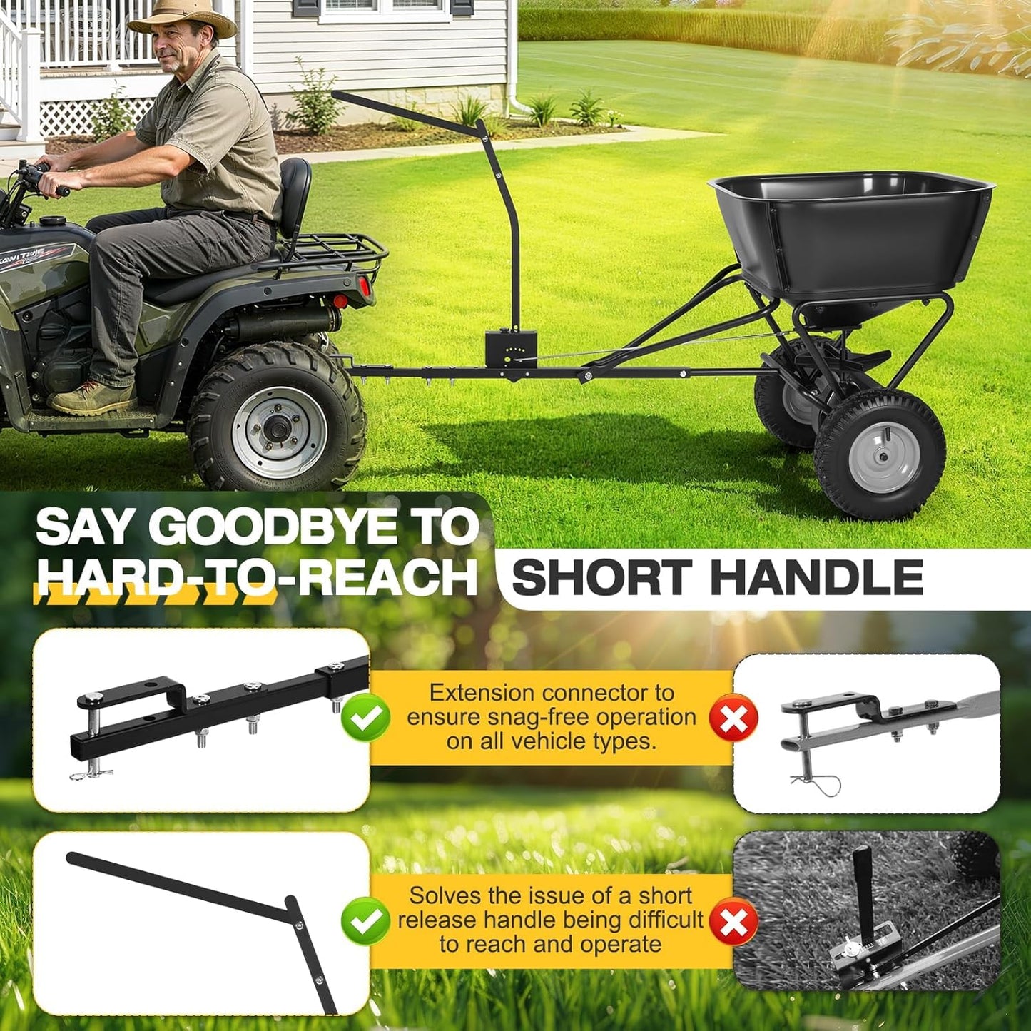 AugFir Tow Behind Broadcast Spreader, 130 LBS Capacity Lawn Fertilizer Spreader for Riding Mower, ATV, UTV & Tractor, 12 FT Spread Width Pull Behind Spreader Seeder for Grass Seed, Salt, Ice Melt