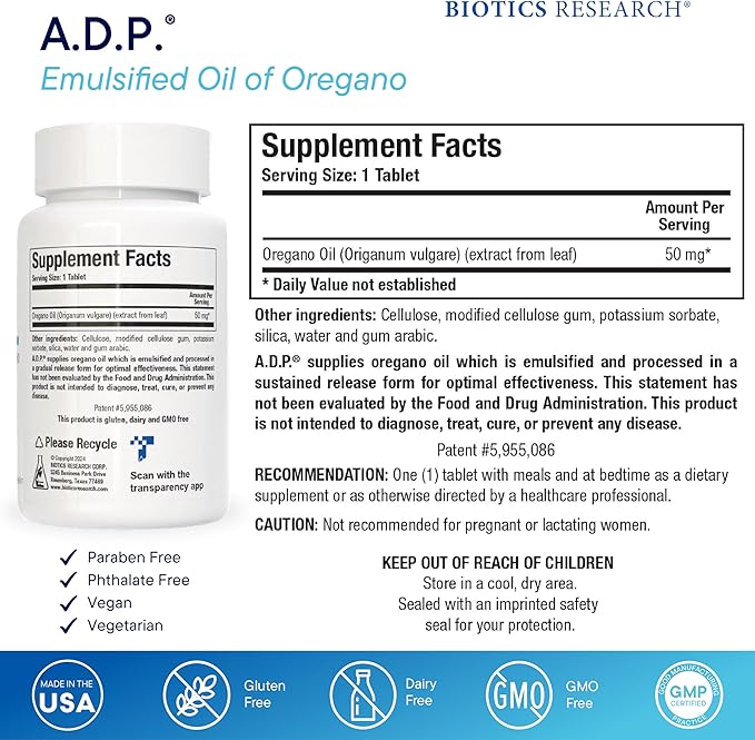 Biotics Research A.D.P. Emulsified Oil of Oregano Tablets for GI Health -Sustained Release for High Absorption Contains Carvacrol, Wild Oregano Oil 50mg/S - Patented Formula -Non GMO ??20 Tablets