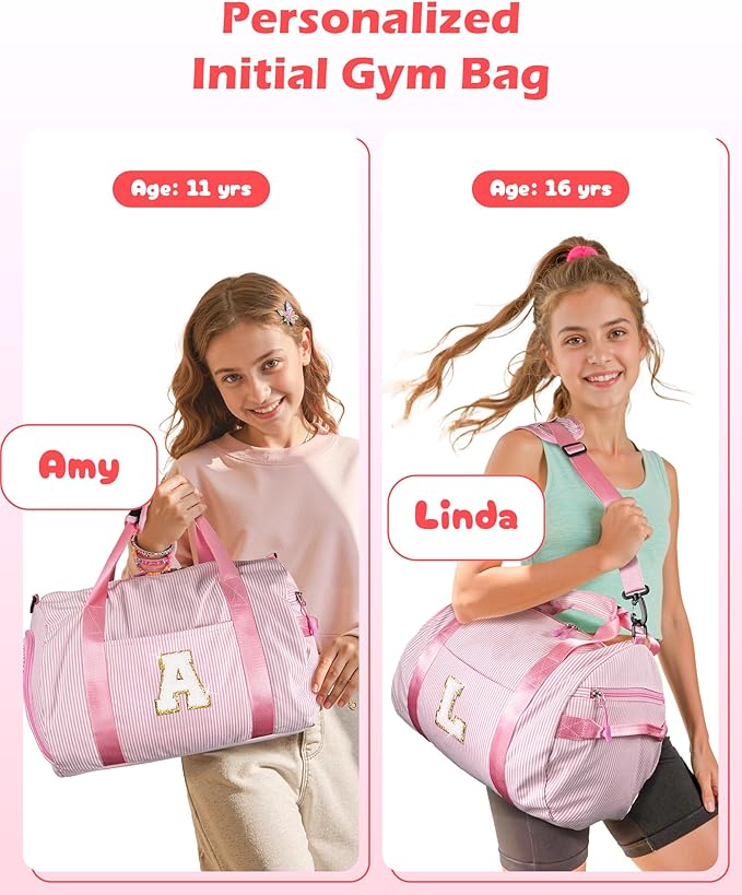 Gift for 5 6 7 8 9 Year Old Girls, Girl Gym Bag, Kids Initial Overnight Duffel Bags with Shoe Compartment, Personalized Travel Bag with Makeup Pouch, Dance Recital Gifts for Niece (Letter K)