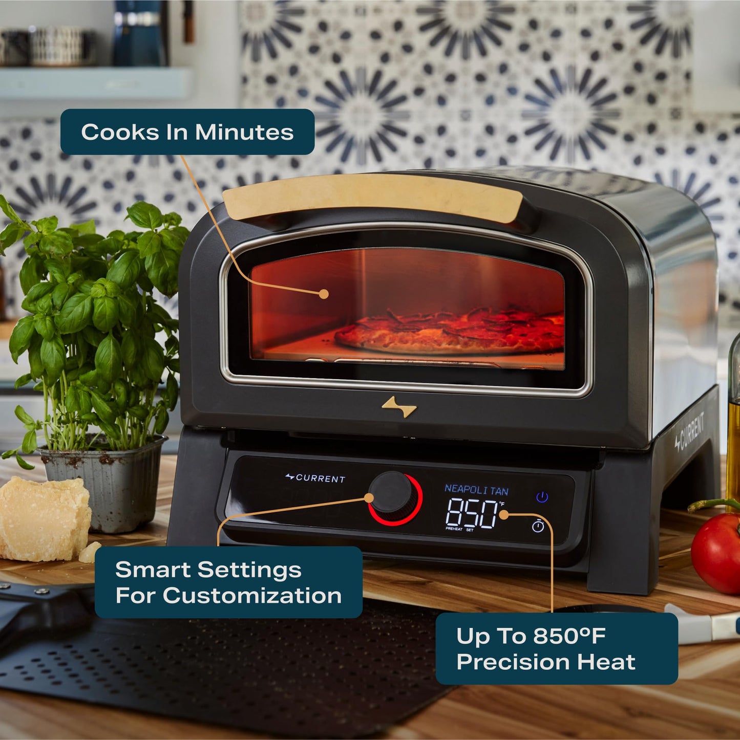 Current® Model P Electric Pizza Oven Indoor & Outdoor, 850°F Countertop Oven, No Turning Required, Perfect Pizza Every Time, Smart App Control, 12-Inch Pizza Stone Included, Slate