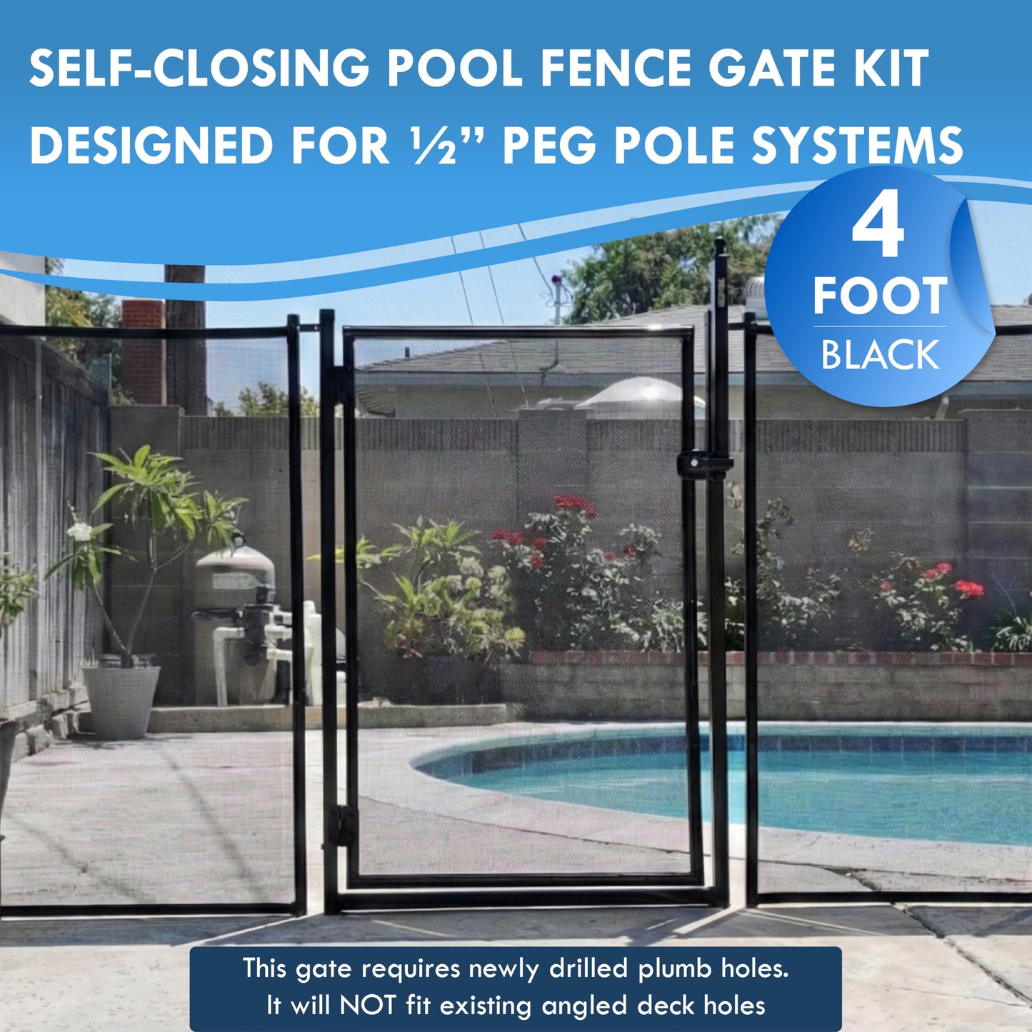 All Safe Pool Fence Door Gate Kit - 4-Foot Black Self-Closing Pool Gate for Decks, Lockable & Easy DIY Installation - Safety Swimming Pool Gate for Kids & Inground Pool Fencing, Durable U-Safe Frame