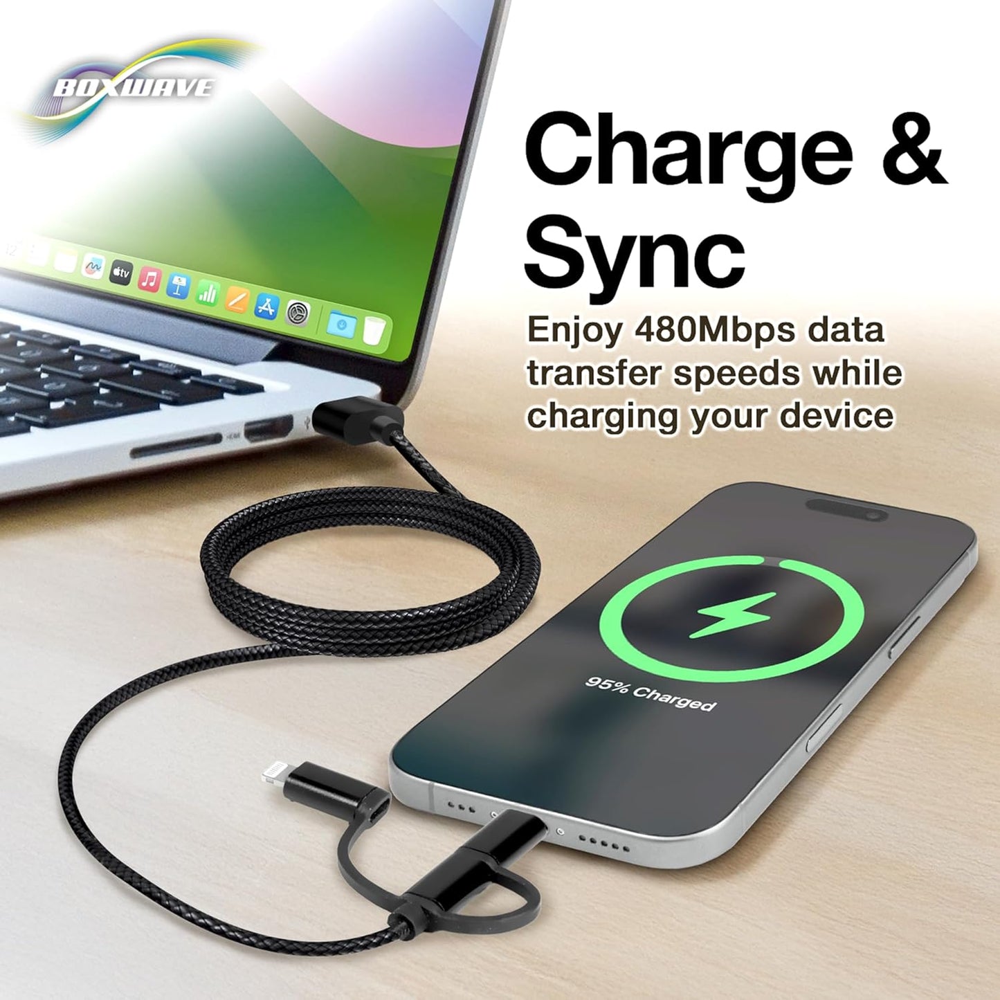 BoxWave S7 MP3 3-in-1 Cable Compatible with QNGEE Portable Player - AllCharge Cable - Jet Black