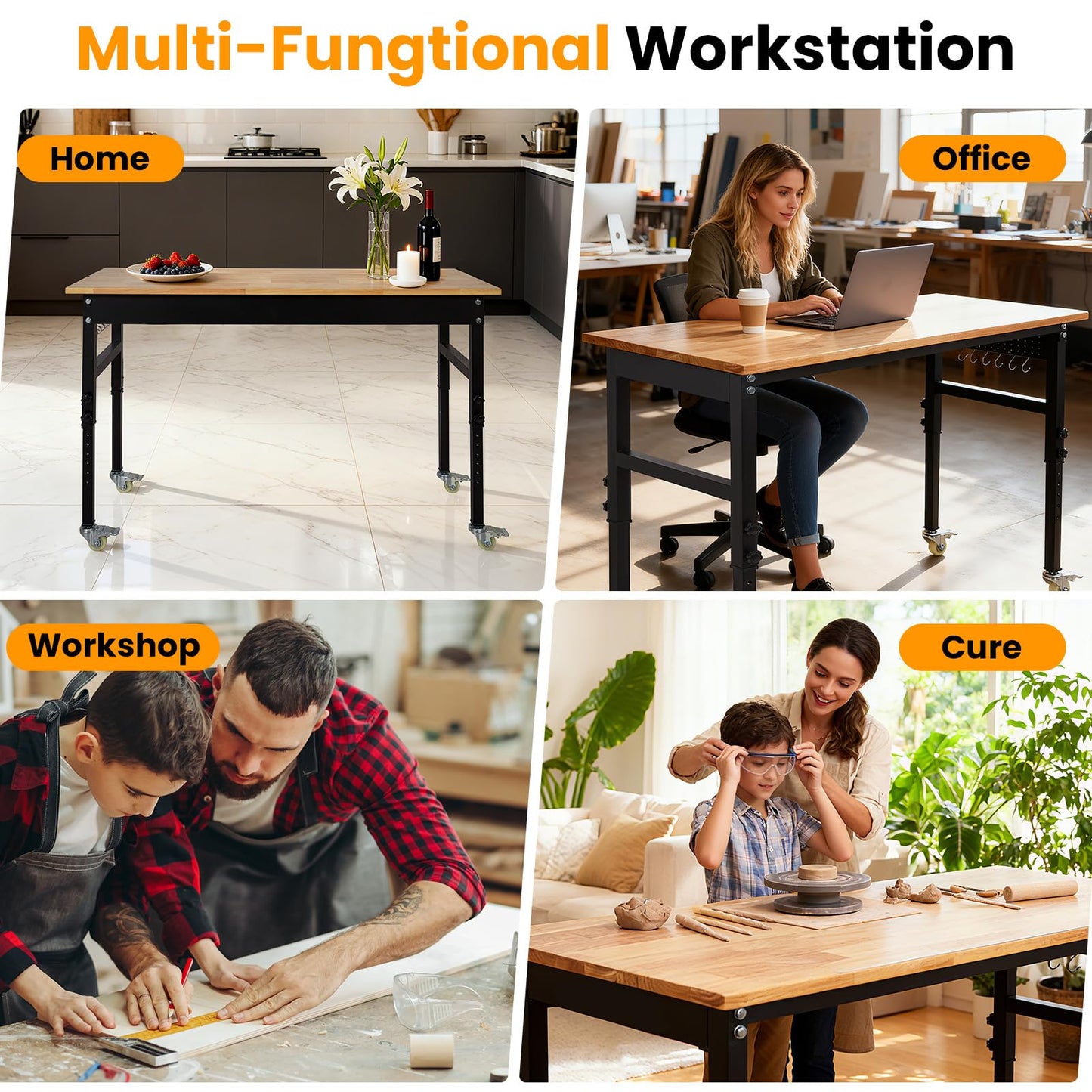 48" Adjustable Workbench, 8-Level Height Adjustable Rolling Work Table with Casters & Scale, Sit & Stand 2-in-1 Garage Tool Table with Pegboard & Hooks, for Workshop, Warehouse, DIY Projects
