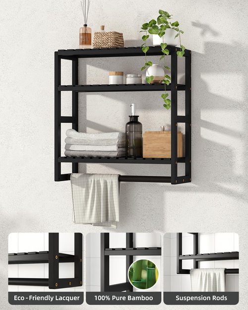 Galood Bathroom Shelves Towel Racks Over Toilet Storage with Towel Bar 3 Tier Floating Wall Mounted Space Saving Bamboo Paper Holder for Bathroom Laundry Room Kitchen Organizers (Black)