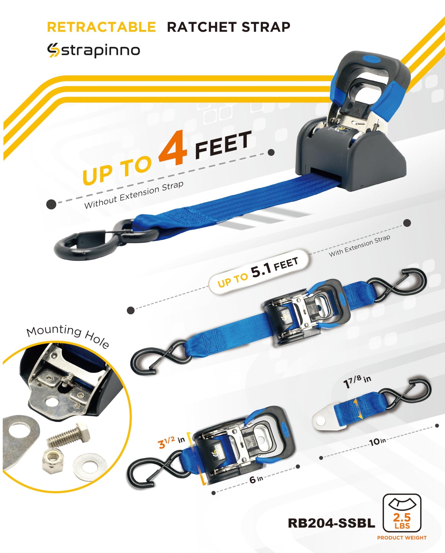 Strapinno 2PCS Stainless Steel Retractable Ratchet Straps (1 7/8 in x 4 ft) Heavy Duty Transom Tie Downs with Extension Straps, Bolt Set & Safety Latch S-Hooks,for Boat,Break Strength 1,650 LBS/750KG