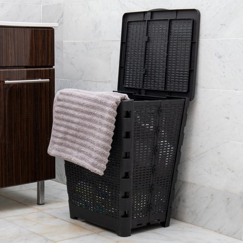Mind Reader 61L Foldable Laundry Hamper, Clothes Basket, Lid, Wicker Design, Plastic, 18"L x 14.5"W x 21.25"H, Black