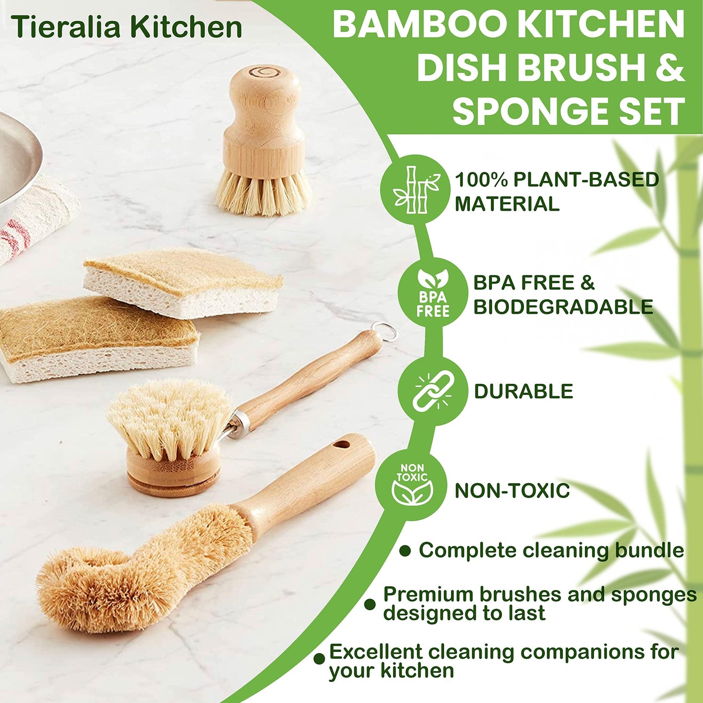 Tieralia Bamboo Dish Brush Gift Set – 5-Piece Kitchen Cleaning Set with Bottle Brush, Round Scrub Brush, Palm Brush & 2 Plant-Based Sponges | Wooden Handle Cleaning Tools for Dishes & Surfaces