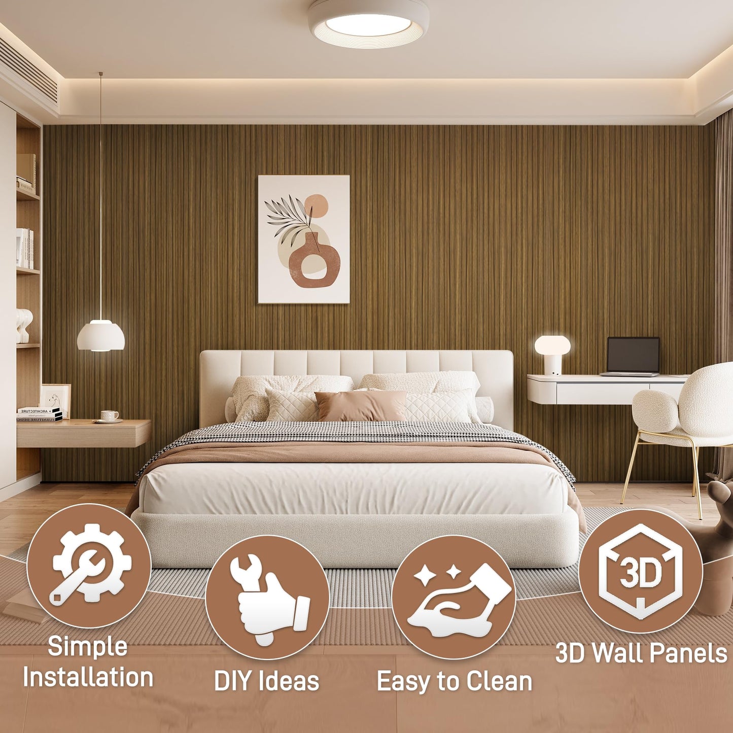 LETKEYS WPC Wainscoting Panels, 16 Packs 48 x 6 Inch 3D Wall Panels for Interior Wall Decor, Living Room, Bedroom, TV Background, Accent Slat Wall Paneling, Light Walnut