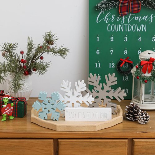 KORMMCO Christmas Snowflake Decor - White Wooden Table Signs | Winter Tiered Tray Decorations - 4 Pieces