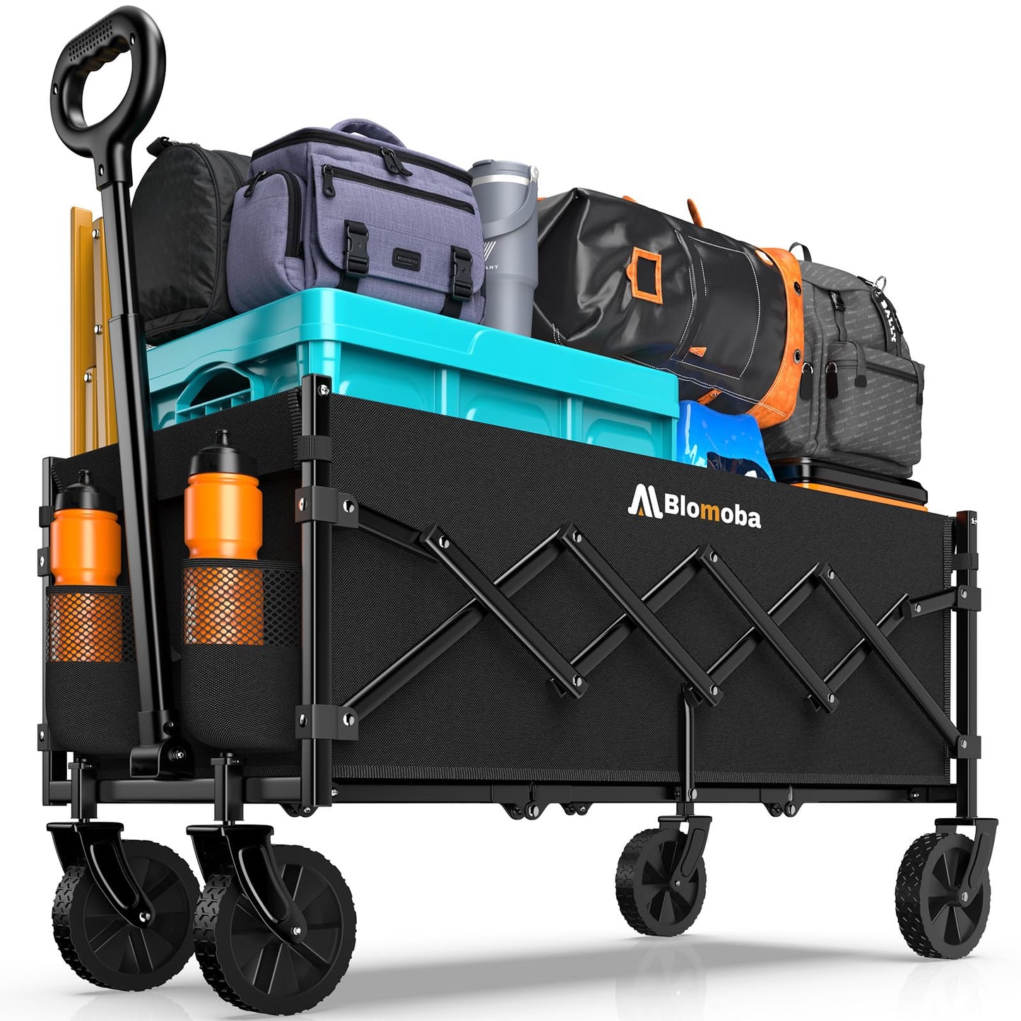 Blomoba 35'' Extra Long Collapsible Wagon with Adjustable Handle, Lightweight Folding Wagon with 360° Swivel Wheels, 220 LBS Portable Utility Cart for Garden, Sports, Grocery, Shopping, Camping, Black