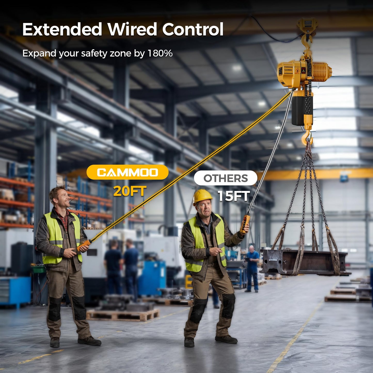 CAMMOO Electric Chain Hoist, 2200 lbs Load, 20 ft Lifting Height, Extended 492 ft Wireless & 20 ft Wired Remote Control, Brushless Copper Motor, DT Carburized Chain, IP65 for Warehouse, Construction