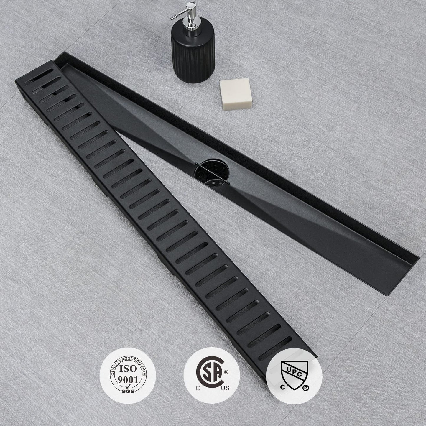 SaniteModar Linear Shower Drain 60 inch Matte Black with Removable Capsule Pattern Grate,Brushed 304 Stainless Steel Shower Drain Include Hair Strainer,Adjustable Leveling Feet
