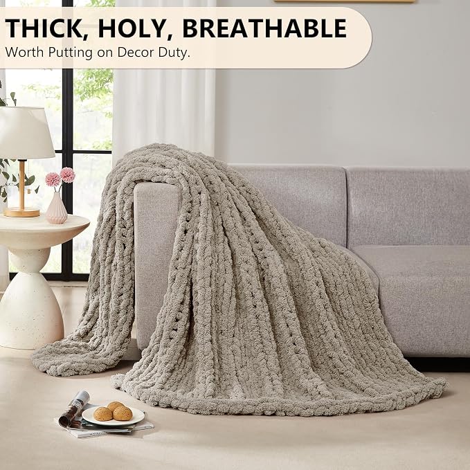 L'AGRATY Chunky Knit Blanket Throw: 60''x80'' Chenille Chunky Knitted Throw Blankets for Bed Couch - Handmade Thick Big Cable Knit Blanket - Large Crochet Rope Blankets for Home Decor(Light Linen)