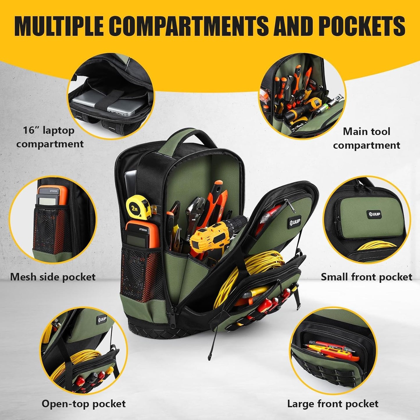 UUP Heavy Duty Tool Backpack - Large Waterproof Tool Organizer with Molded Hard Bottom | Ideal for Electricians & Contractors