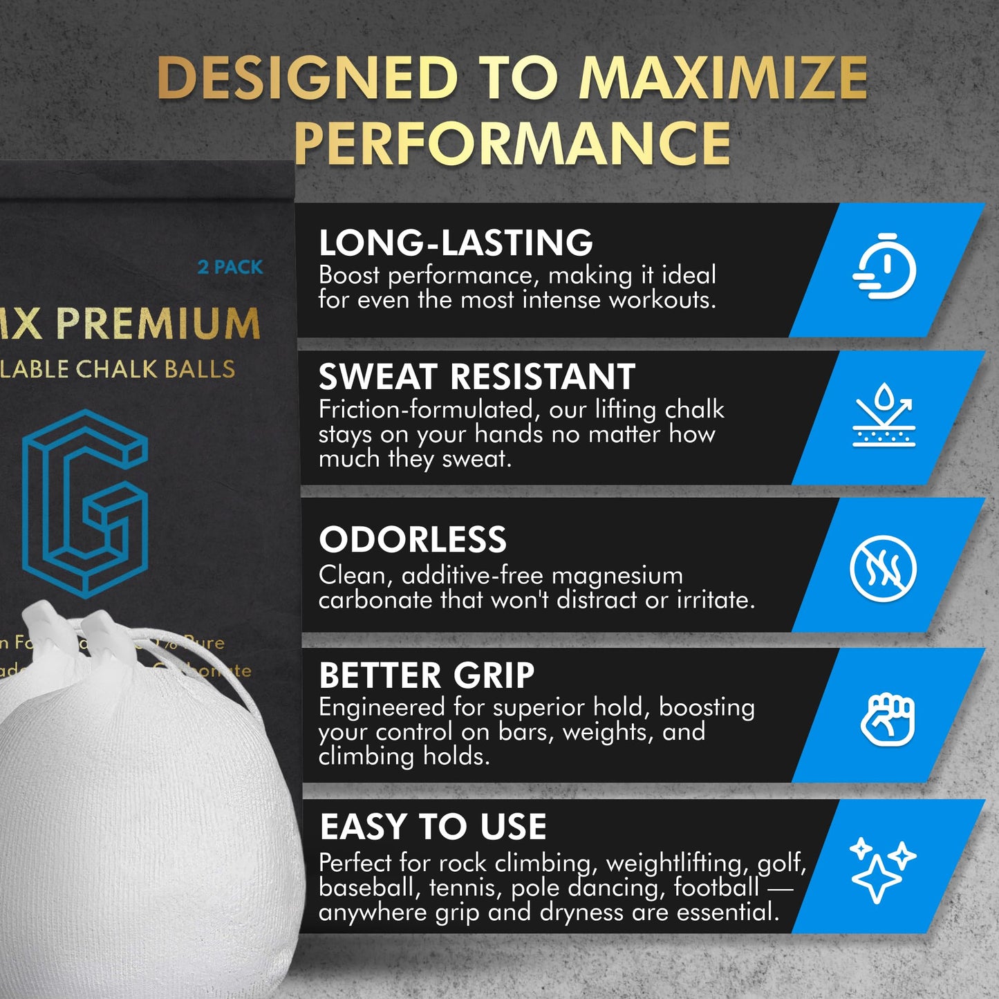 130g (2 x 65g) Premium Chalk Balls. Pro-Grade Gym Chalk in Refillable Sock. Eco Friendly Packaging. Grip Enhancing Gym Accessory for Weightlifting, Rock Climbing, Gymnastics & More. Package May Vary.