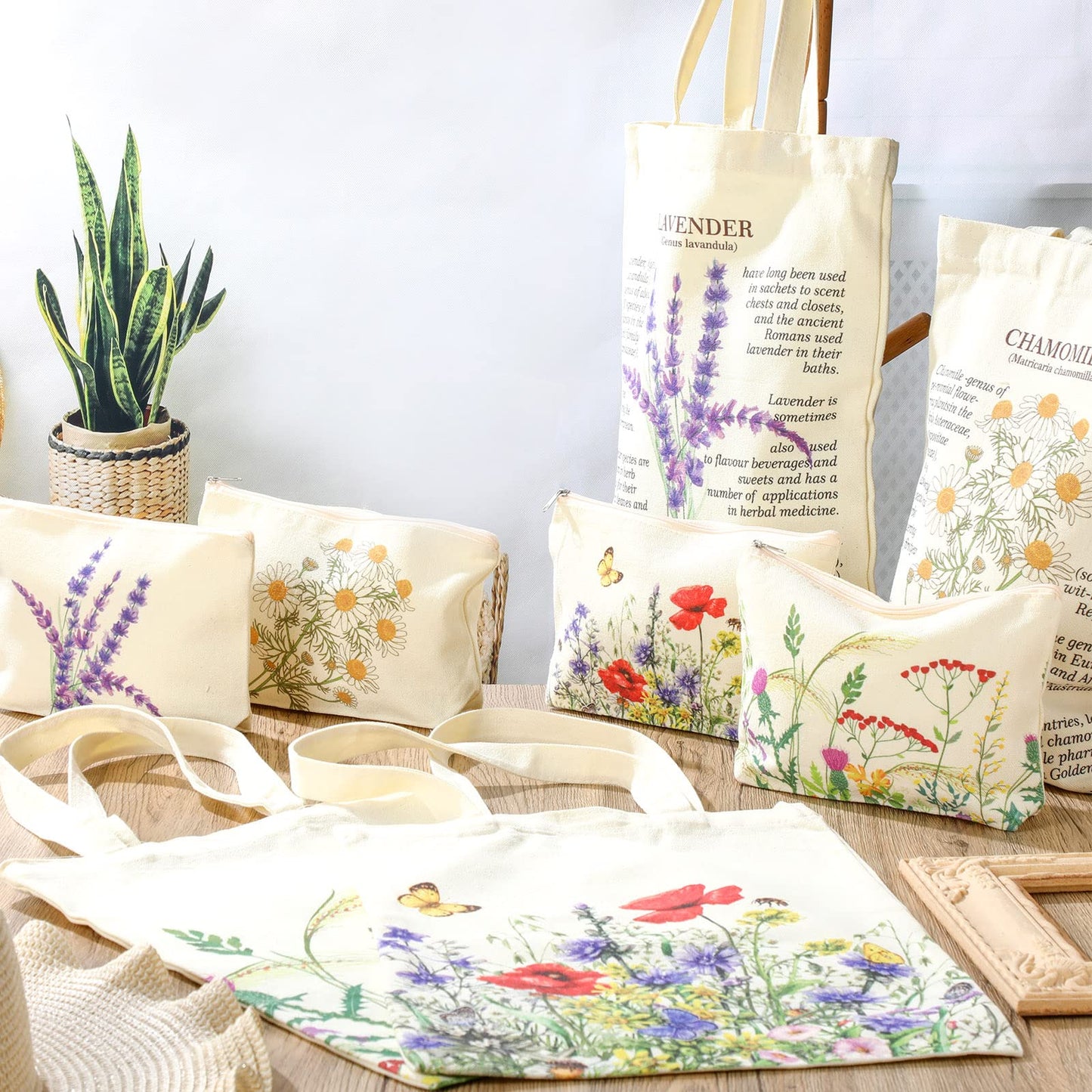 Pinkunn 8 Pcs Floral Tote Bag and Makeup Bag Set Reusable Wildflower Canvas Tote Women Gifts Bags for Graduation Birthday(Colorful)