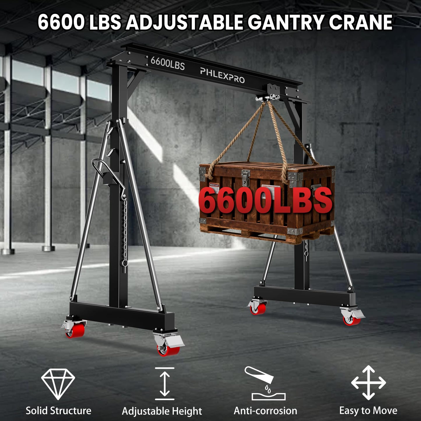 3 Ton Gantry Crane, 6600LBS Capacity, Adjustable Height 8.53 to 12.47ft with Triangle Base, Portable I-Beam Hoist for Factory, Warehouse, Auto Repair & Construction, Black