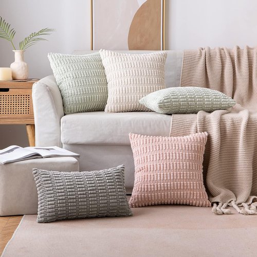 MIULEE Corduroy Throw Pillow Covers - Soft Boho Striped Design, 12x12 Inch | Modern Farmhouse Decor in Cream White