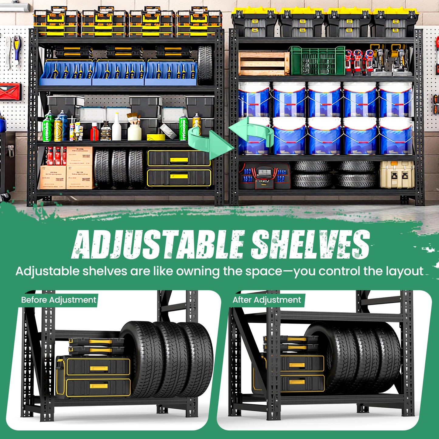 VIYET 4-Tier Heavy Duty Garage Shelving,Industrial Shelving for Low Ceilings,Garage Storage Racks Heavy Duty Steel Shelves,Compact Metal Rack for Basements,Garages with Ductwork,Apartments