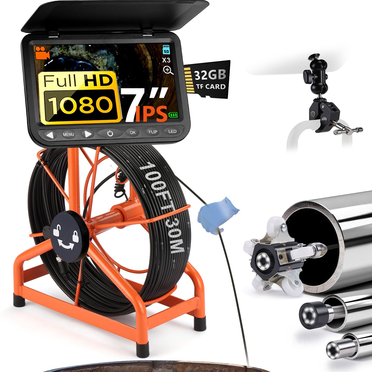𝟐𝟎𝟐𝟔 𝐧𝐞𝐰 7” Sewer Camera, HD 1080P w/DVR-32GB, [New 1s Twist-to-Unlock System] Plumbing Snake Pipe Inspection Camera, [Thicker Cable Reel] Drain Camera, 5000mAh, [360°+180° Rotate] 100ft/30m