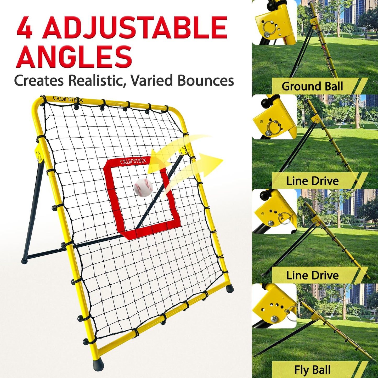 3x3.5 ft Baseball Pitchback Net, Rebounder Net, Solo Training Net, Pitching Return Trainer, Four Quick-Switch Return Angles, Yellow, Great for Kids and Youth