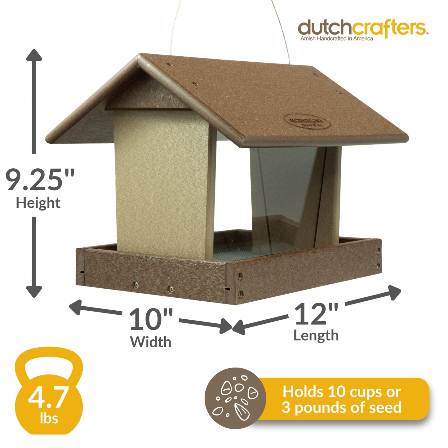 DutchCrafters Poly Hanging Hopper Bird Feeder, Large Hanging Bird Feeder for Outside, Outdoors - Amish American Made (Tudor Brown & Weatherwood)