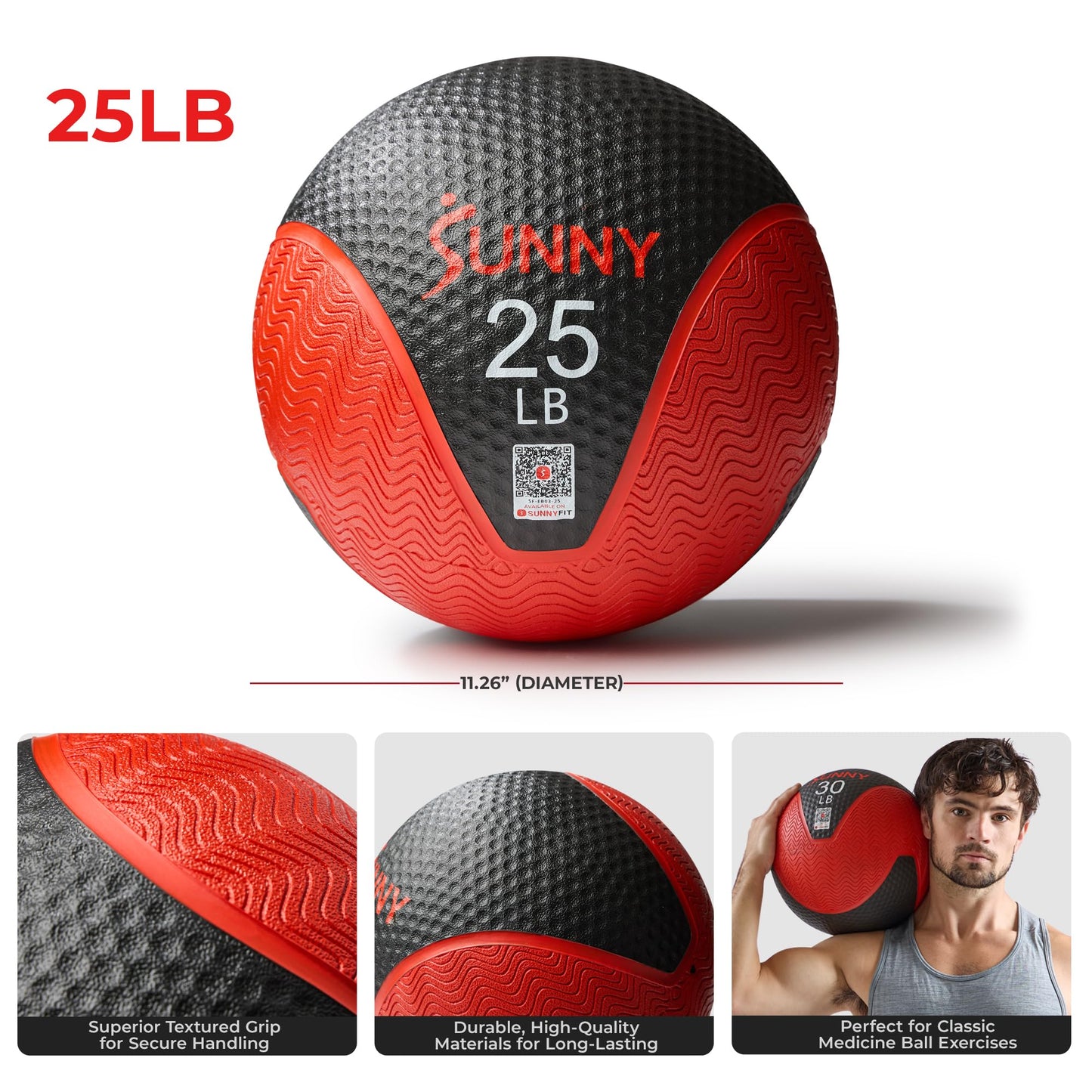 Sunny Health & Fitness 25LB Medicine Ball, Textured Rubber, Core Strength & Balance Training, Bouncing, Weight for Home Workouts SF-EB03-25