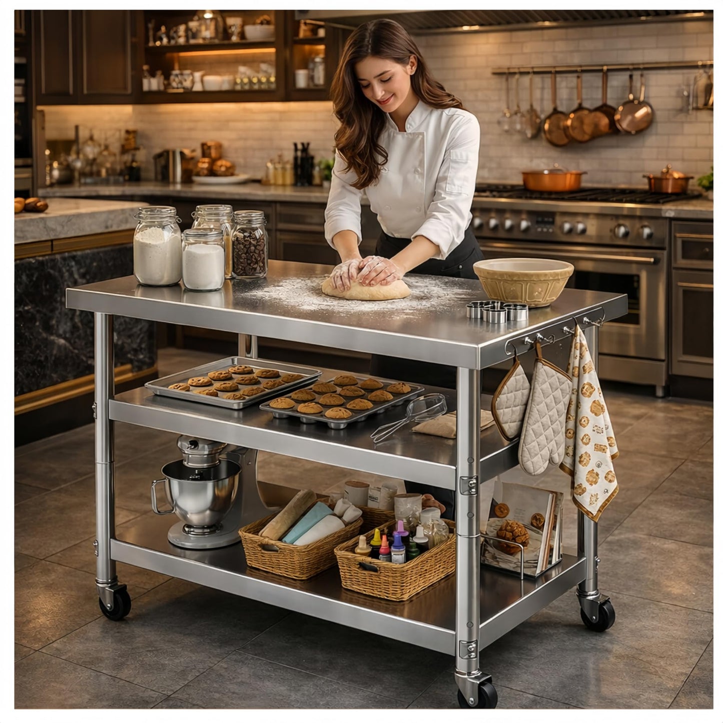 Stainless Steel Table with Wheels for Food Preparation and Work, Multi-Size Optional, Three-Layer Variable Two-Layer Metal Commercial Workbench Outdoor, Restaurant, Kitchen (48" Lx24 Wx34 H)