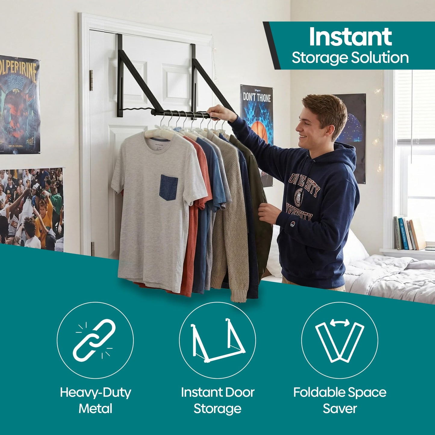 HOLDN’ STORAGE Over The Door Hanger - Foldable Rack Organizer for Hanging Clothes, Coats & Towels, Ideal for Dorm Rooms, Laundry, Bathrooms, Etc - Holds up to 35 LBs, Collapsible - Black